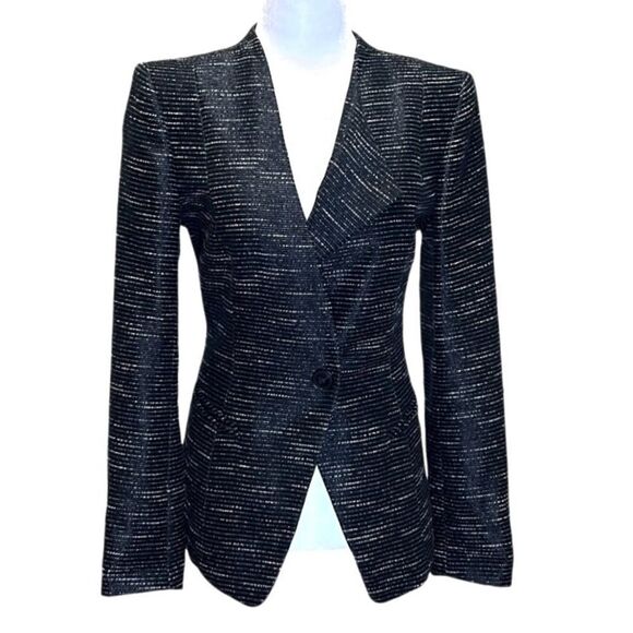 Lafayette 148 - Women’s Tweed Blazer, Silk Blend, Asymmetric, Black/White Size 4 - Picture 1 of 17